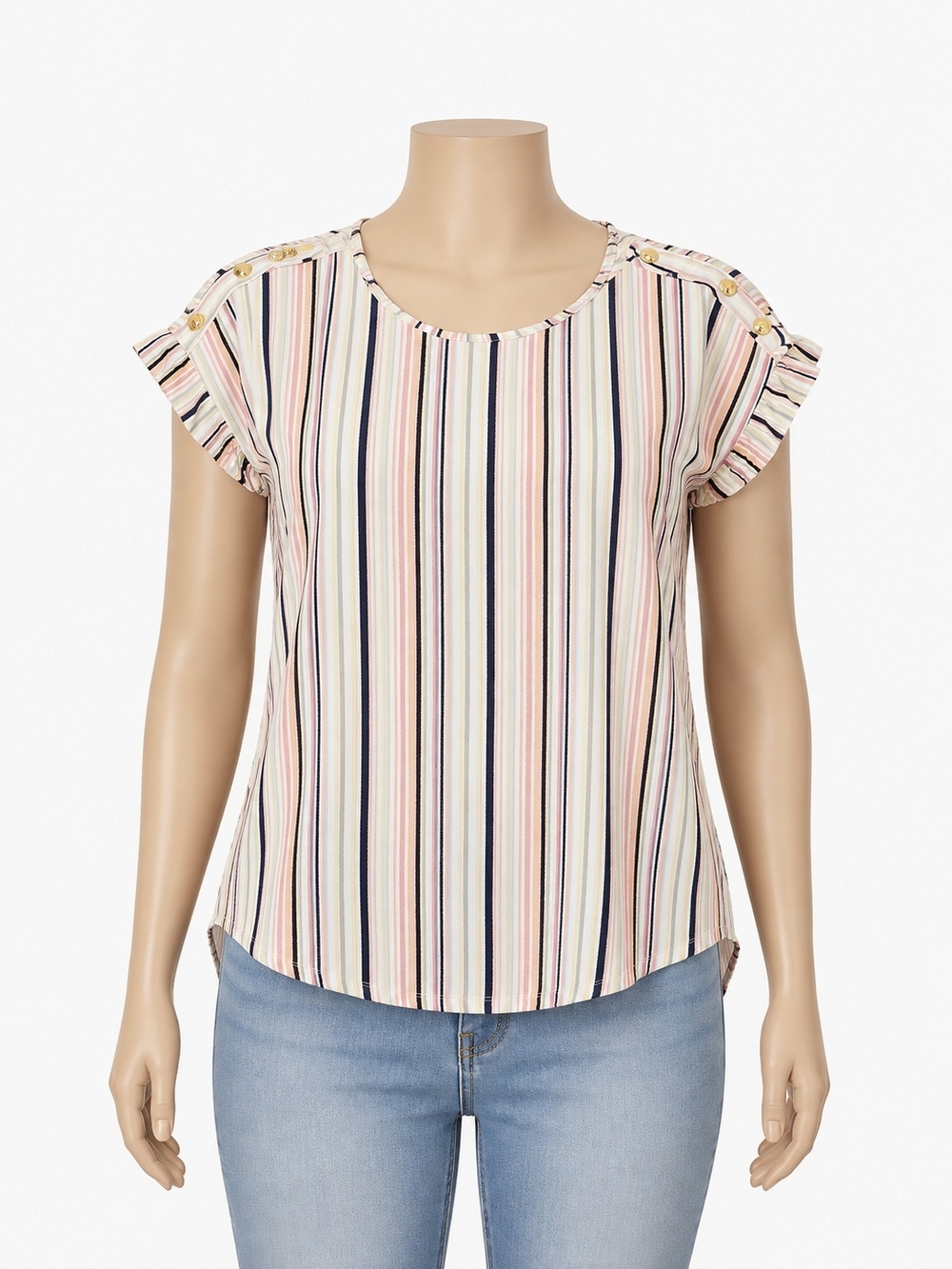 AUW Striped Ruffle Sleeve Blouse in Pink, Navy & Cream